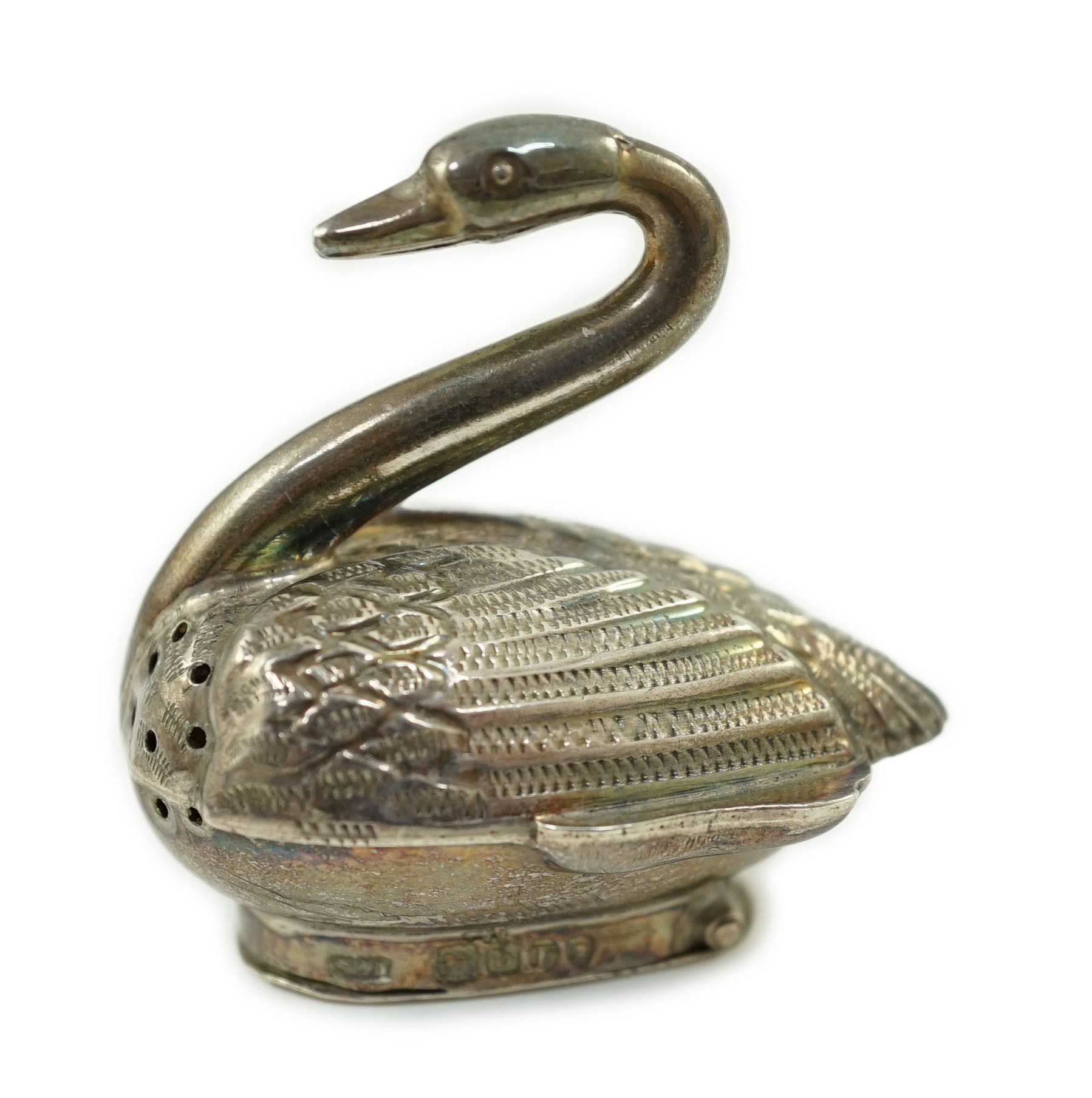 A late Victorian Dutch silver novelty vinaigrette, modelled as a swan, import marks for Samuel Boyce Landeck
